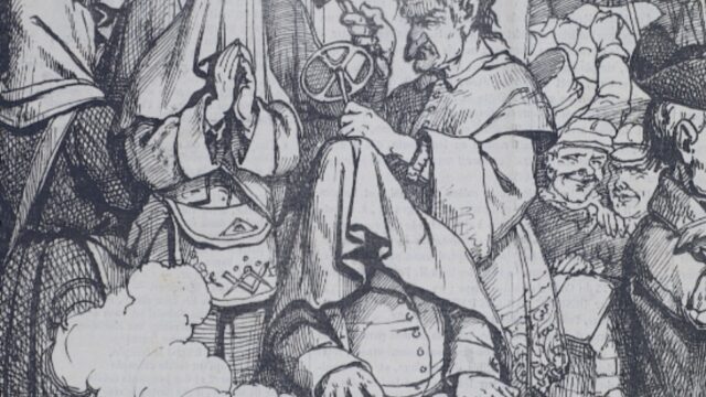 Satirical engraving of a busy workshop with workers and tools, overlaid by a translucent banner reading 'Maçonnique Satire Maçonnique'
